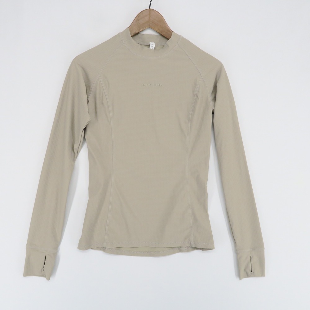 An Action A Day Activewear Shirt Womens L Beige Grid Texture Mock Neck Long